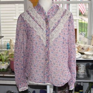 Vintage Eber San Francisco Prairie Lace Floral Blouse Pink Cottagecore M